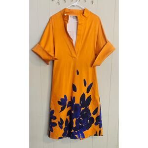Natan Ladies Size 42 V Neckline Orange with Blue Flower Dress
